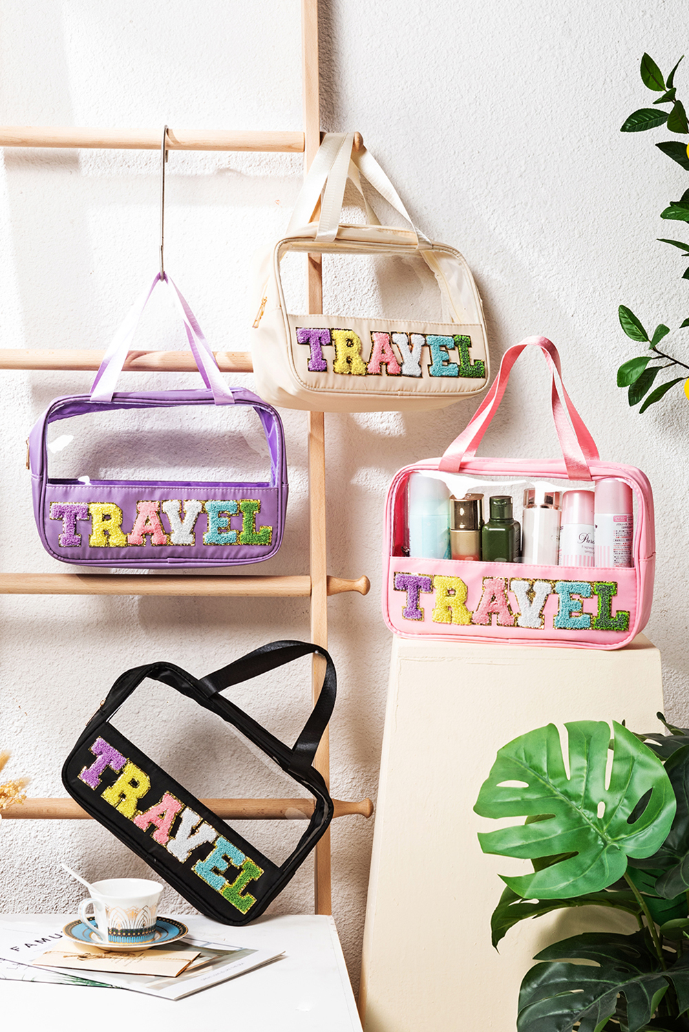 Light Pink TRAVEL Chenille Letter Clear PVC Makeup Bag - loveforevers