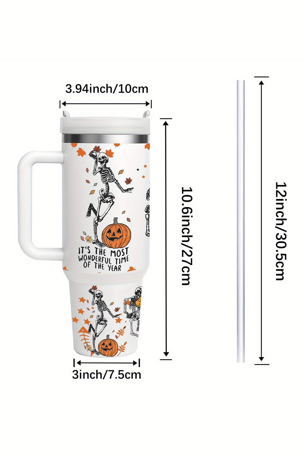 White 1200ml Halloween Dancing Skeleton Pumpkin Face Printed Thermos Cup - loveforevers