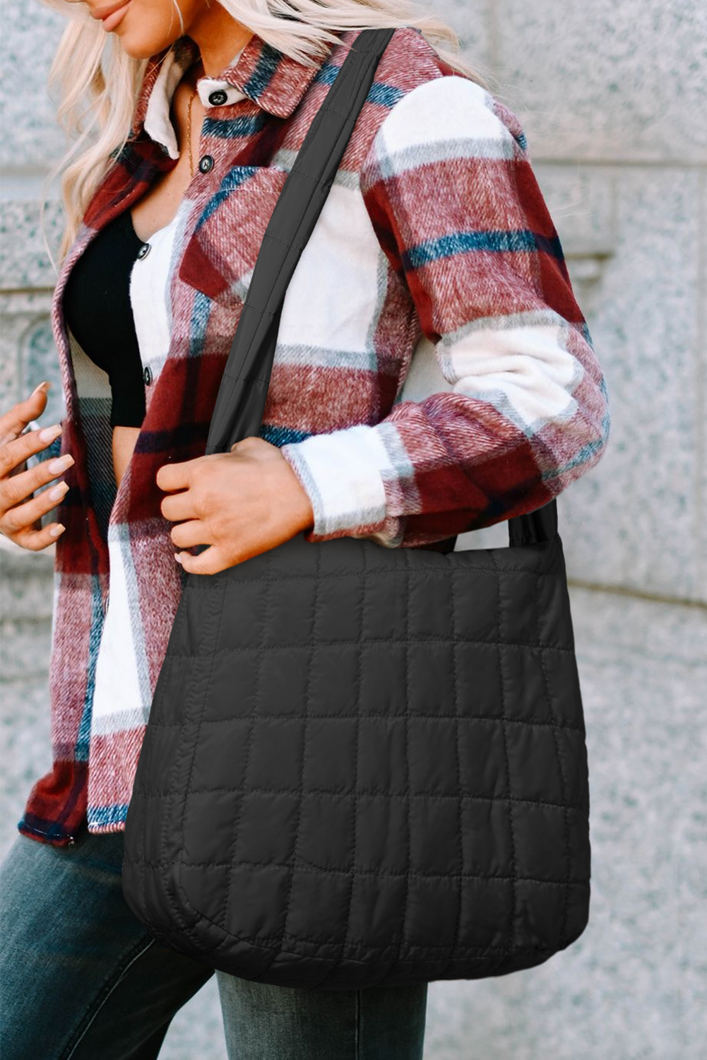 Black Quilted Zipper Large Shoulder Bag - loveforevers