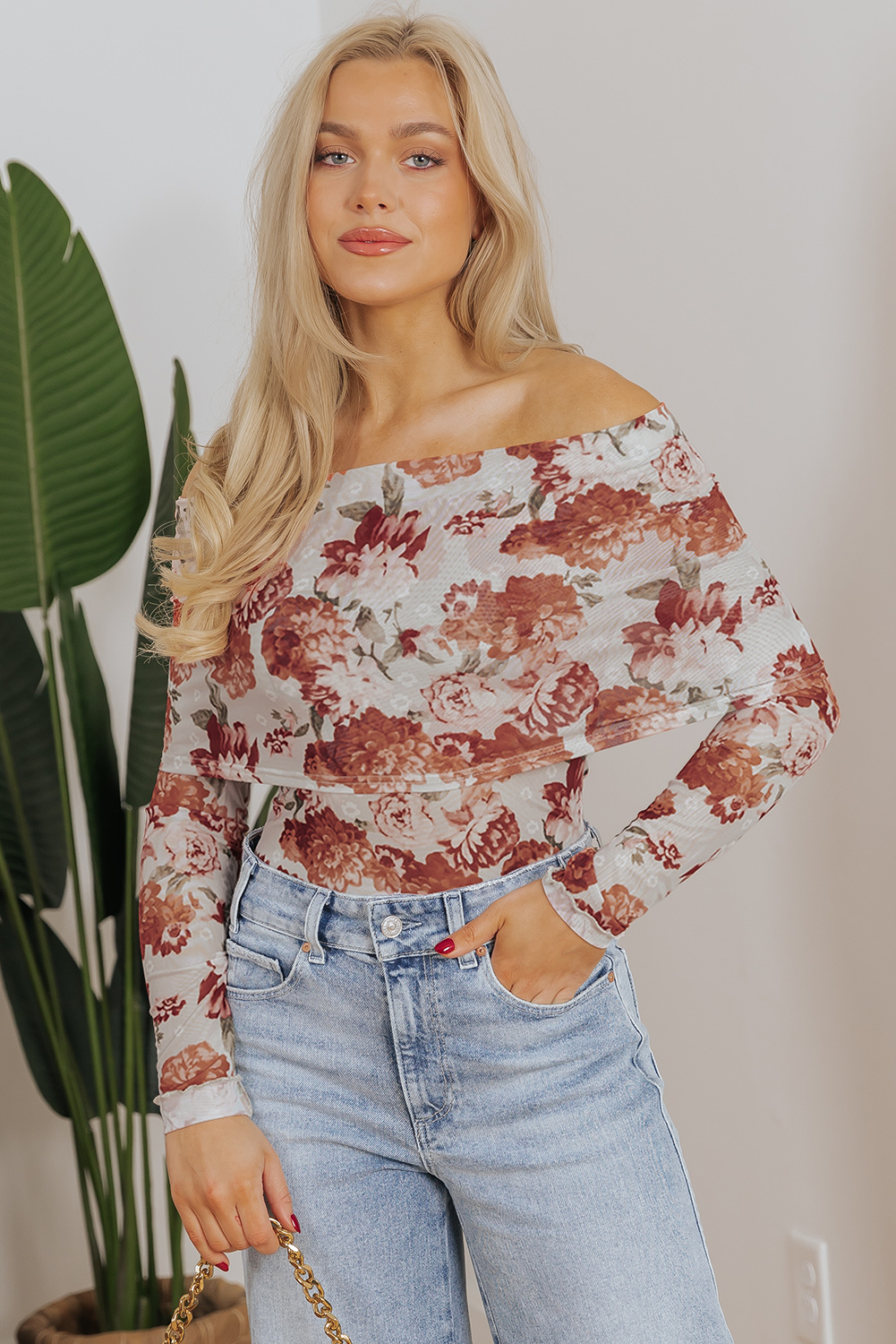 Pink Floral Printed Long Sleeve Sheath Bodysuit - loveforevers