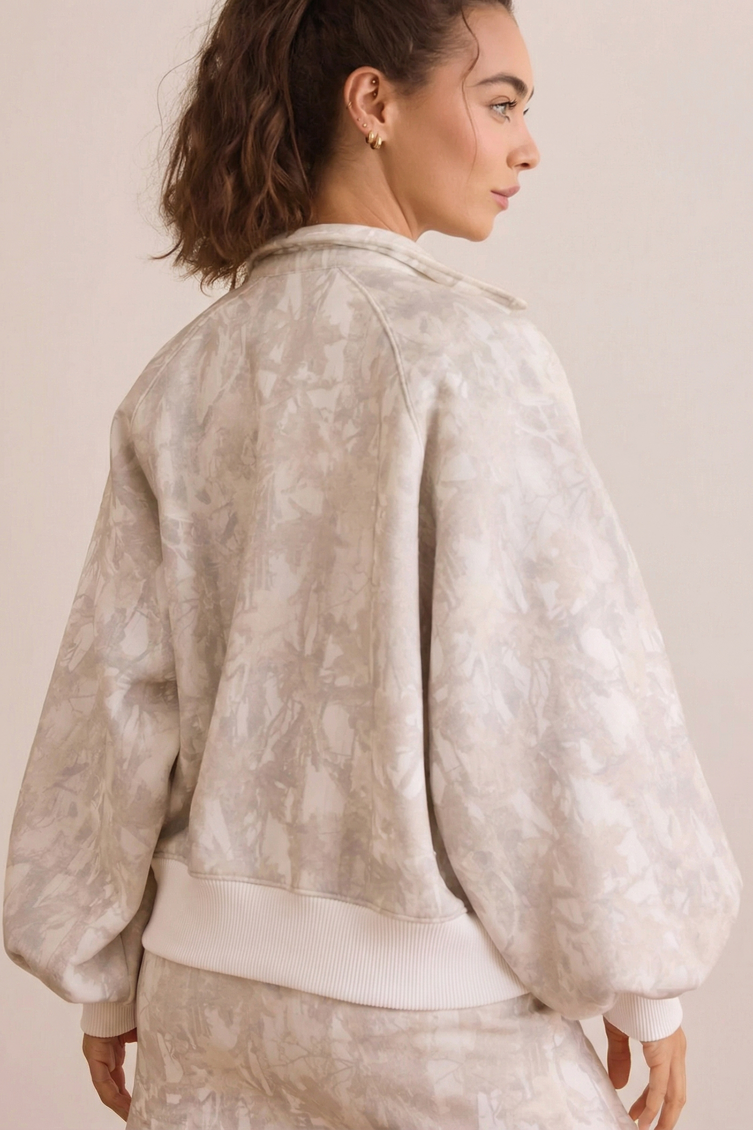 White Abstract Woodland Print Balloon Sleeve Pullover Drawstring Mini Skort Set - loveforevers