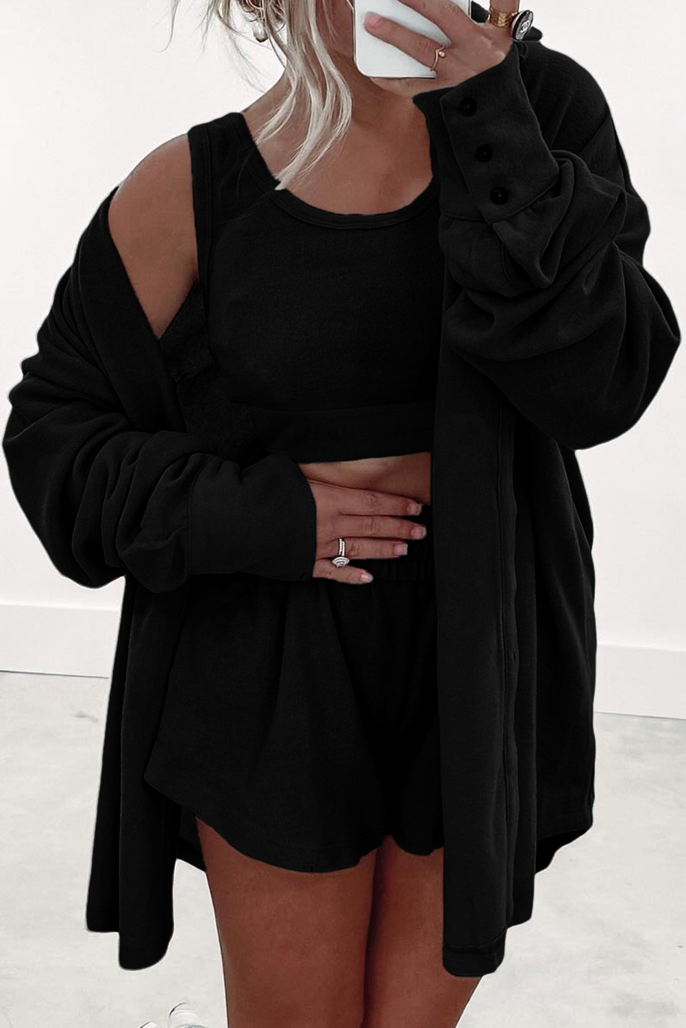 Black 3 Pcs Crop Tank Top Shorts with Cardigan Lounge Set - loveforevers