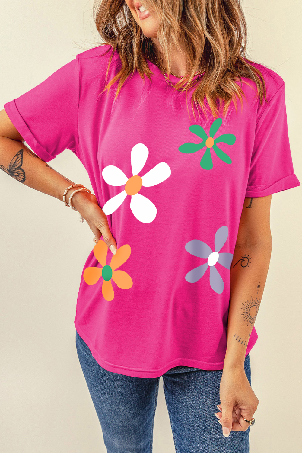 Rose Red Summer Flower Print Fashion Cotton Tee - loveforevers
