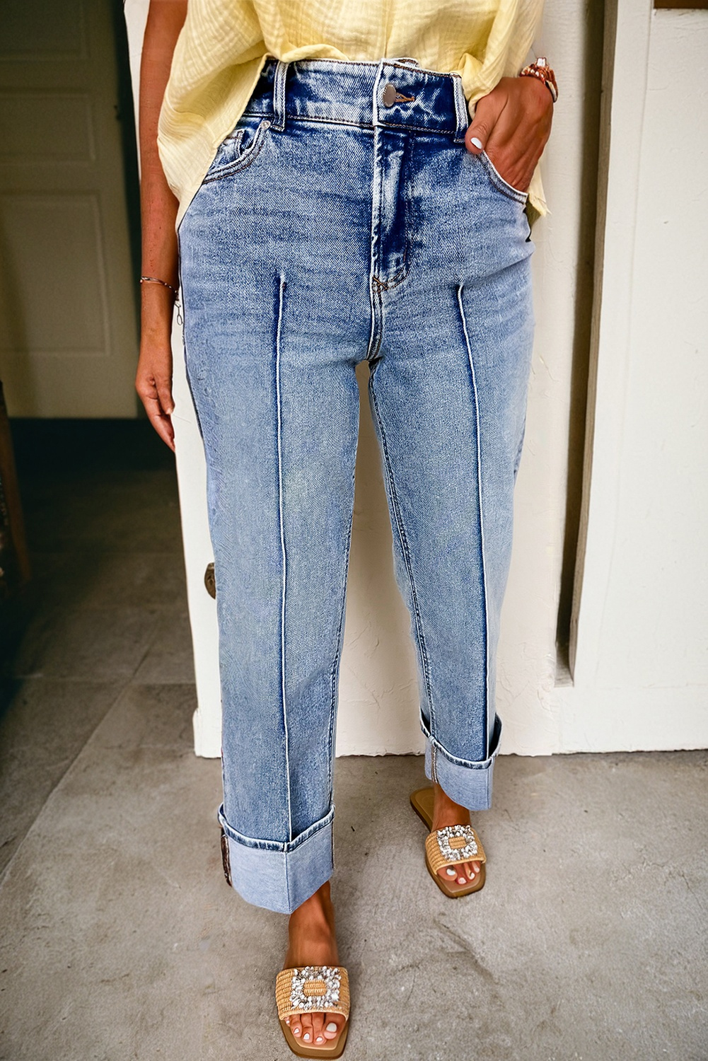 Myosotis Center Seam Cuffed Hem Straight High Waist Jeans - loveforevers