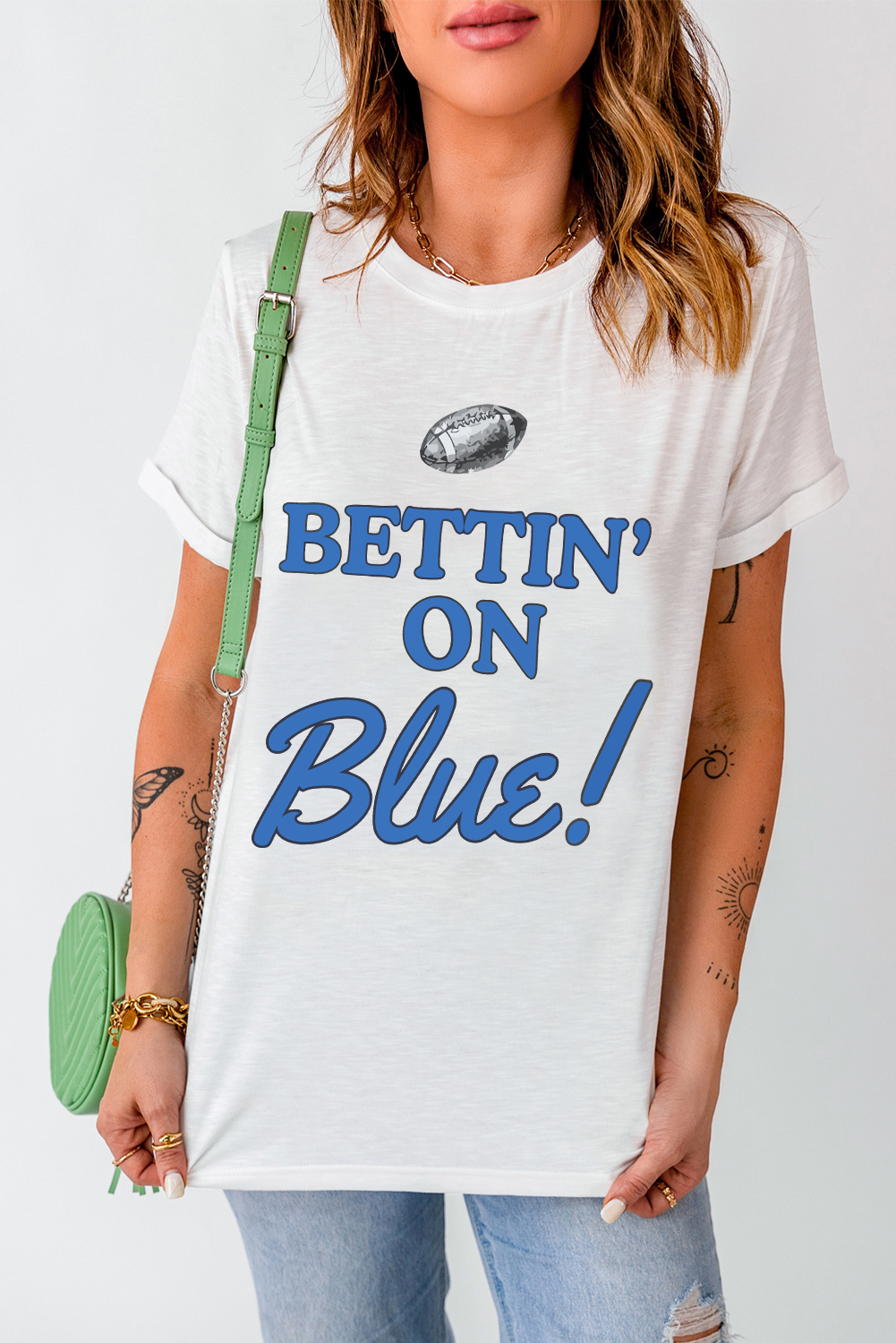 White Rugby Football BETTIN ON Blue Graphic Crewneck T Shirt - loveforevers