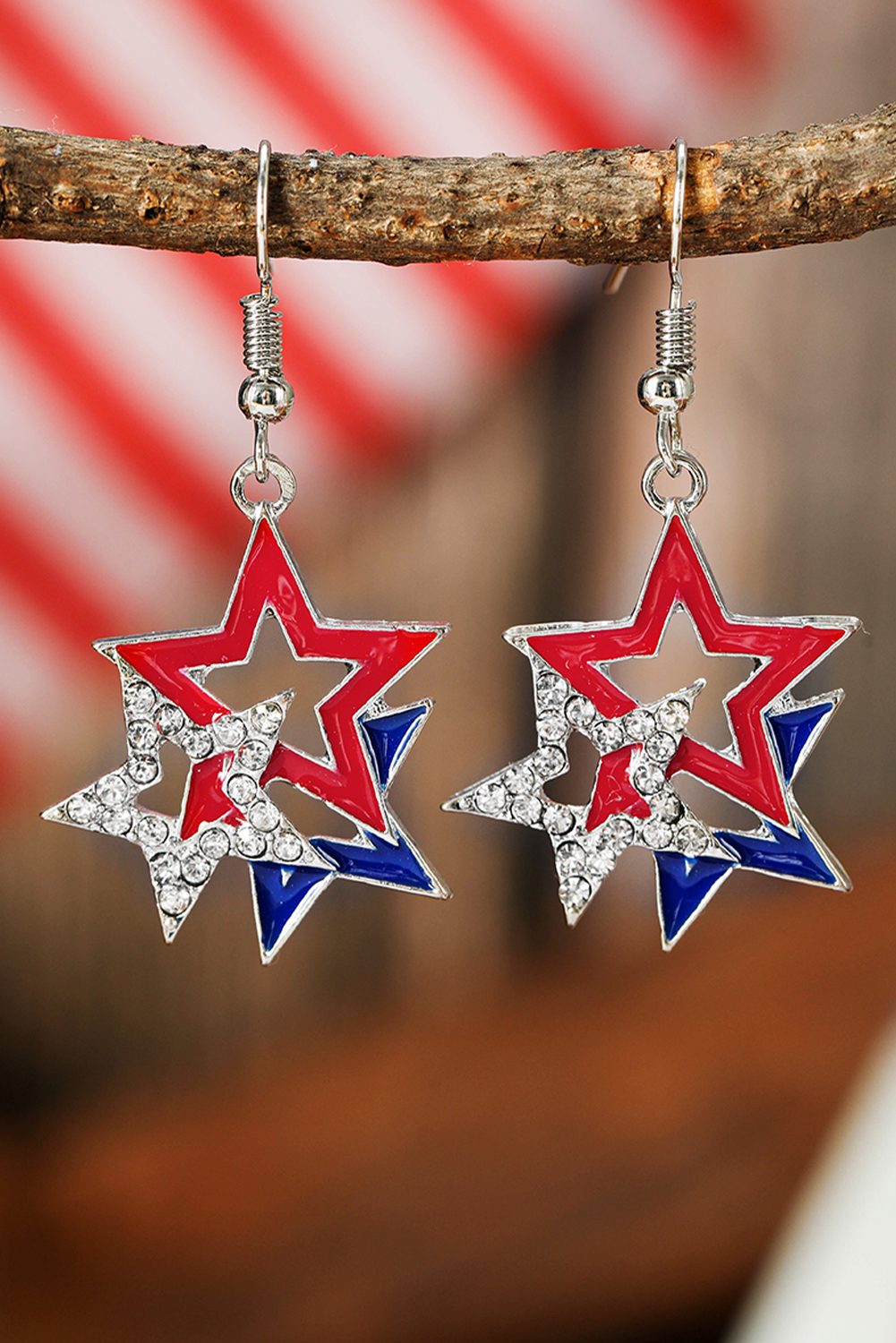 Fiery Red American Flag Rhinestone Star Dangle Earrings - loveforevers