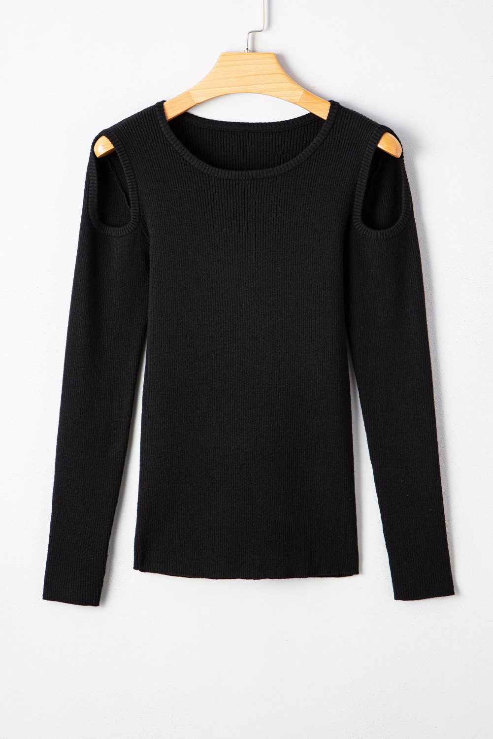 Black Ribbed Knit Cold Shoulder Sweater - loveforevers
