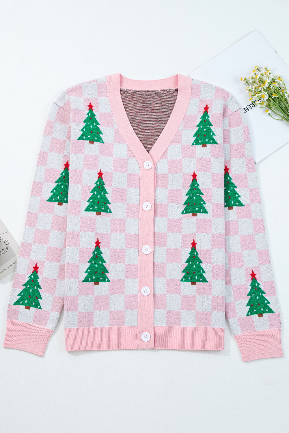 Pink Checkered Christmas Tree Pattern Button V Neck Cardigan Sweater - loveforevers