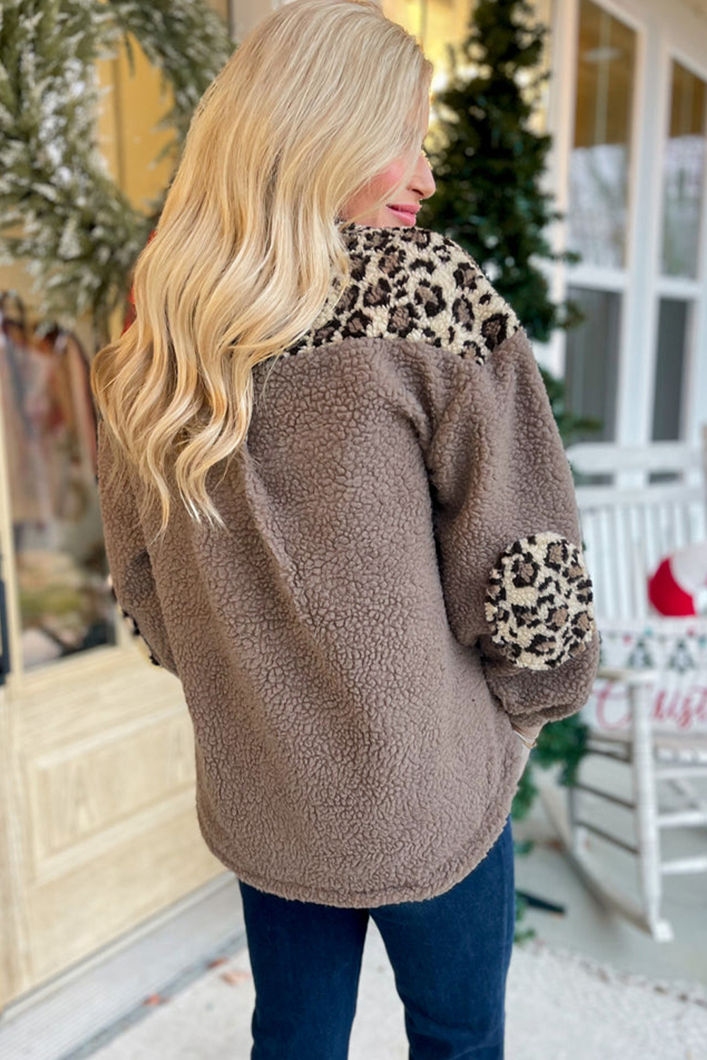 Brown Sherpa Leopard Print Flap Pocket Collared Button Up Jacket - loveforevers