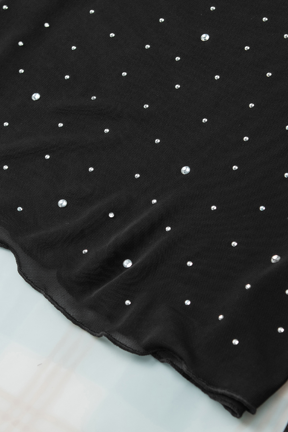 Black Rhinestone Sheer Mesh Slim Fit Long Sleeve Top - loveforevers