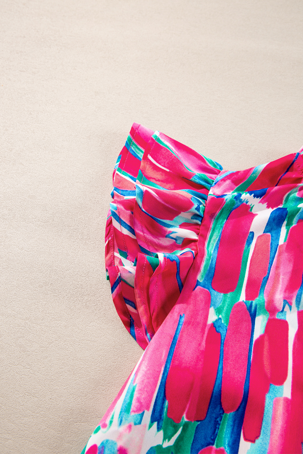 Rose Abstract Brush Print Ruffled Sleeve Frill V Neck Blouse - loveforevers