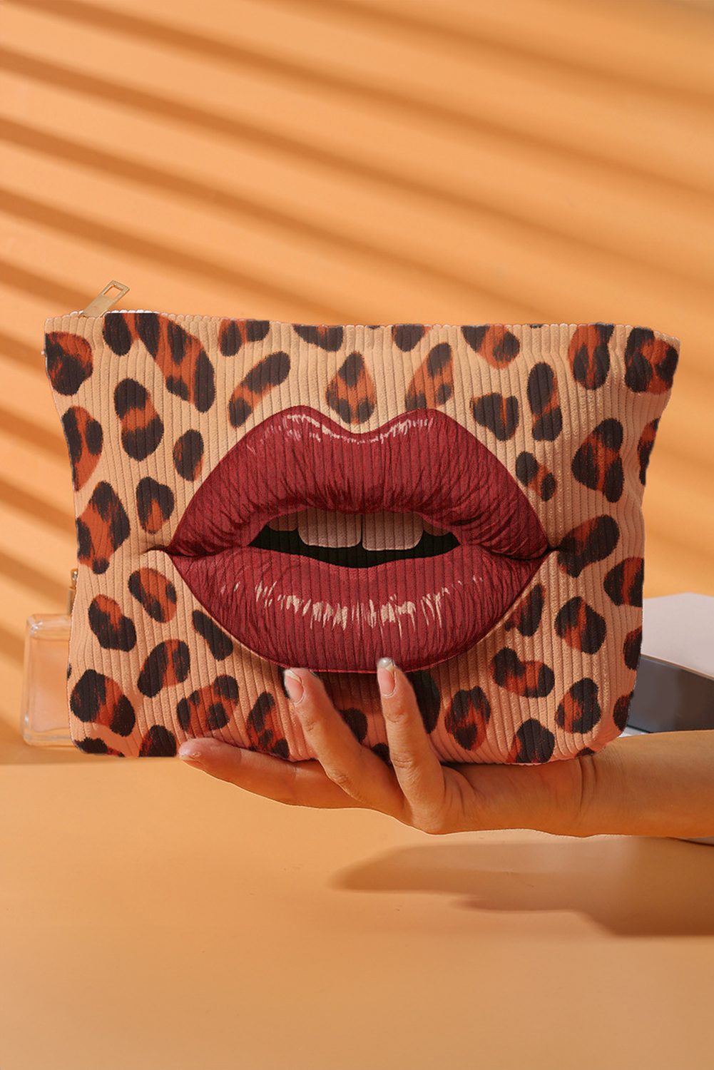 Brown Leopard Lip Shape Print Canvas Functional Makeup Bag - loveforevers
