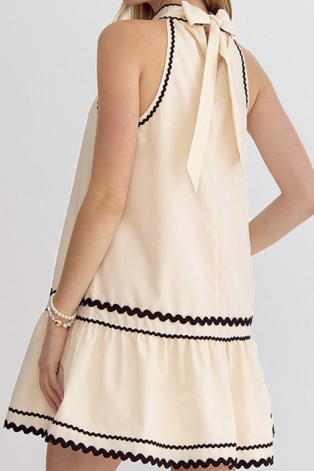 Khaki Stripe Ric Rac Trim Halter A-line Sleeveless Mini Dress - loveforevers