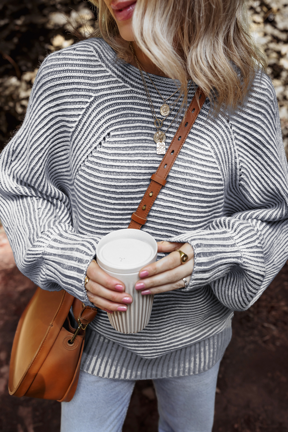 Coffee Striped Print Ribbed Knit Boat Neck Baggy Sweater - loveforevers