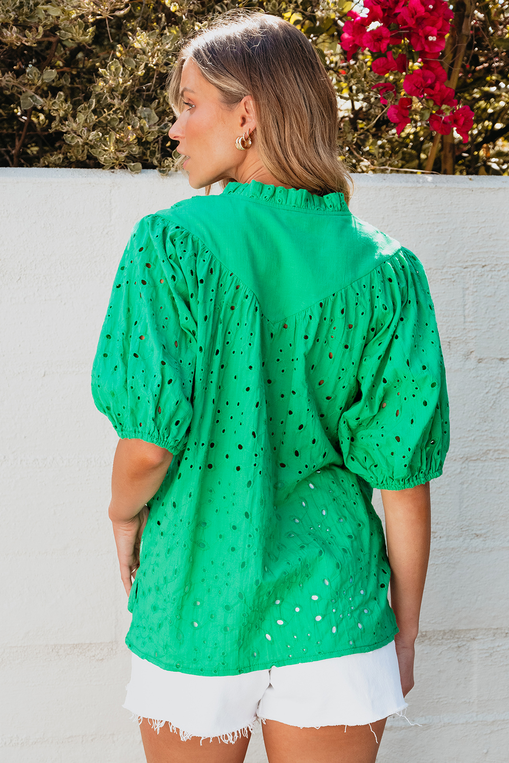 Green Flower Embroidered Hollow-out Puff Sleeve Blouse - loveforevers
