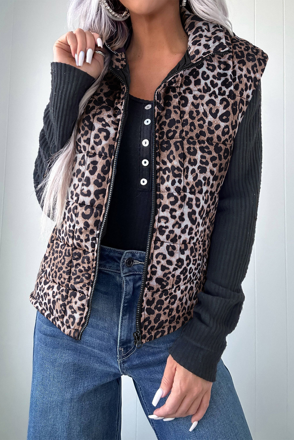 Brown Leopard Quilted Full Zipper Casual Puff Vest - loveforevers