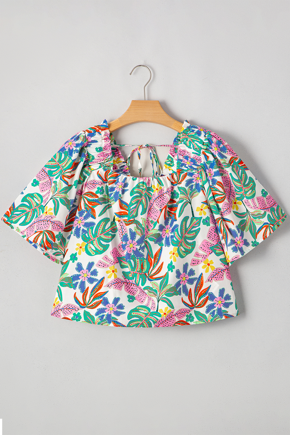 Green Plant Print Loose Fit Puff Sleeve Square Neck Blouse - loveforevers
