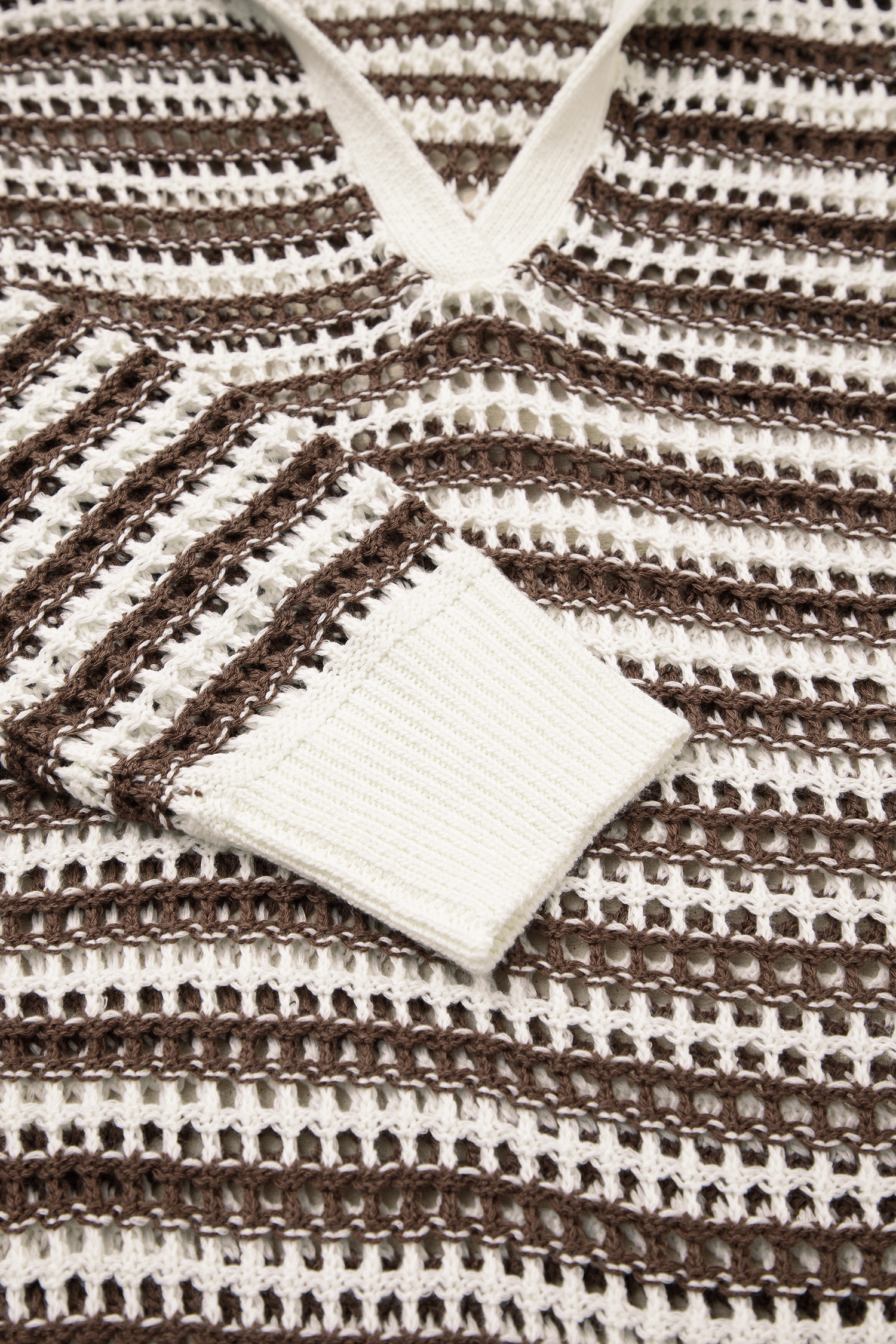 Brown Stripe Eyelet Hollow-out Contrast Collared Pullover Chic Sweater - loveforevers