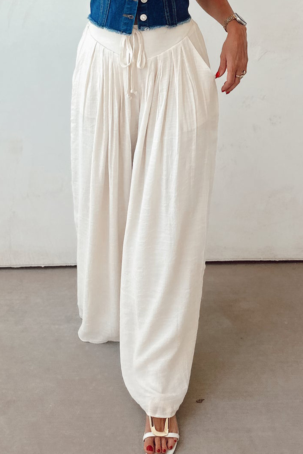White Solid Drop Waist Pleated Wide Leg Casual Pants - loveforevers