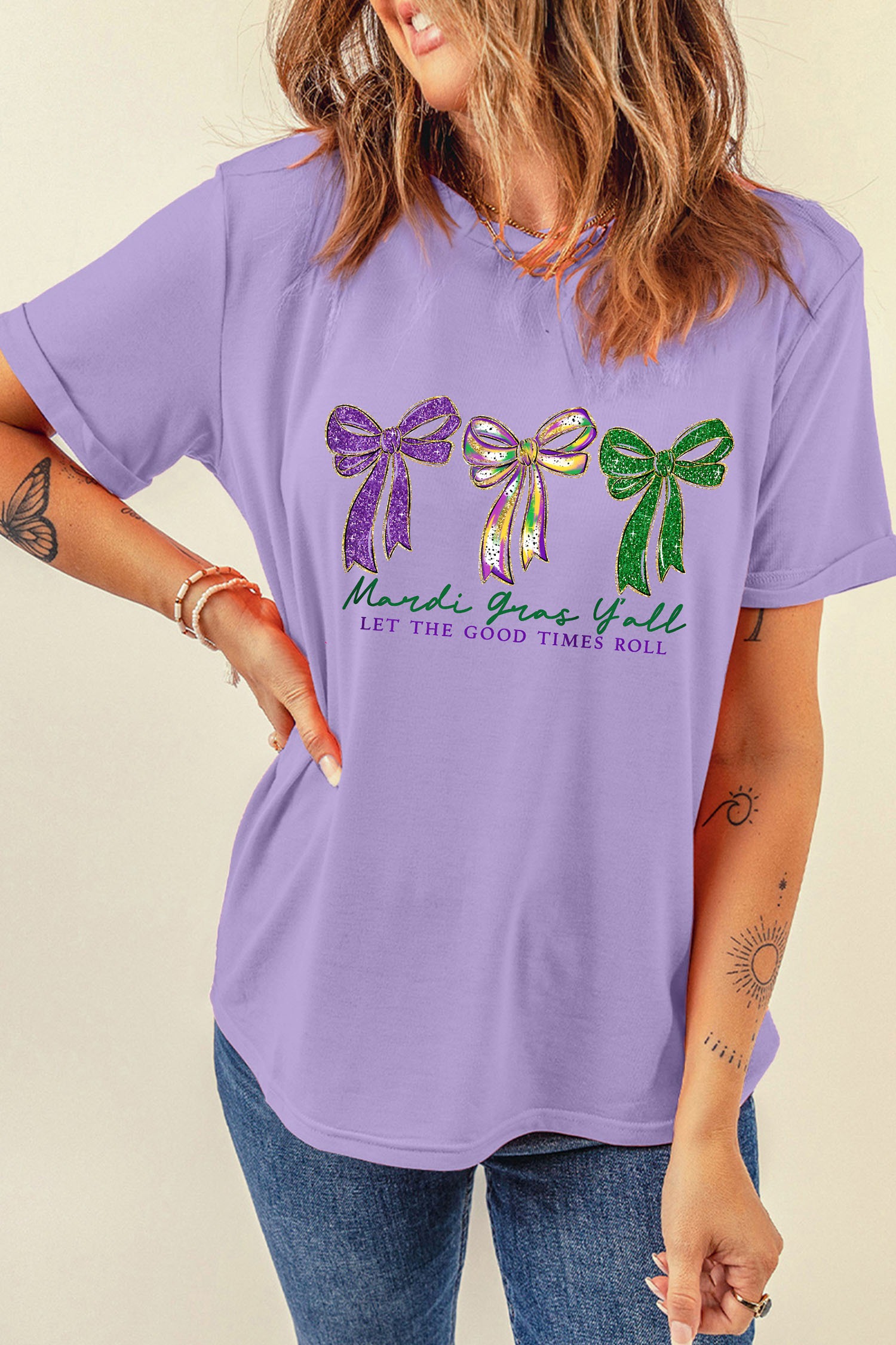 Wisteria Mardi Gras Ribbon Bow Slogan Printed Casual T Shirt - loveforevers