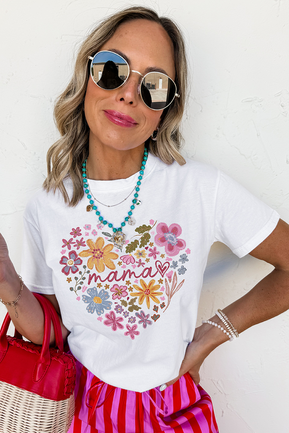White MAMA Flower Heart Cotton Blend Graphic Tee - loveforevers