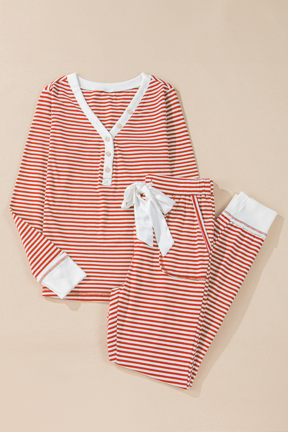 Red Stripe Buttoned V Neck Top and Knotted Waist Pants Lounge Set - loveforevers