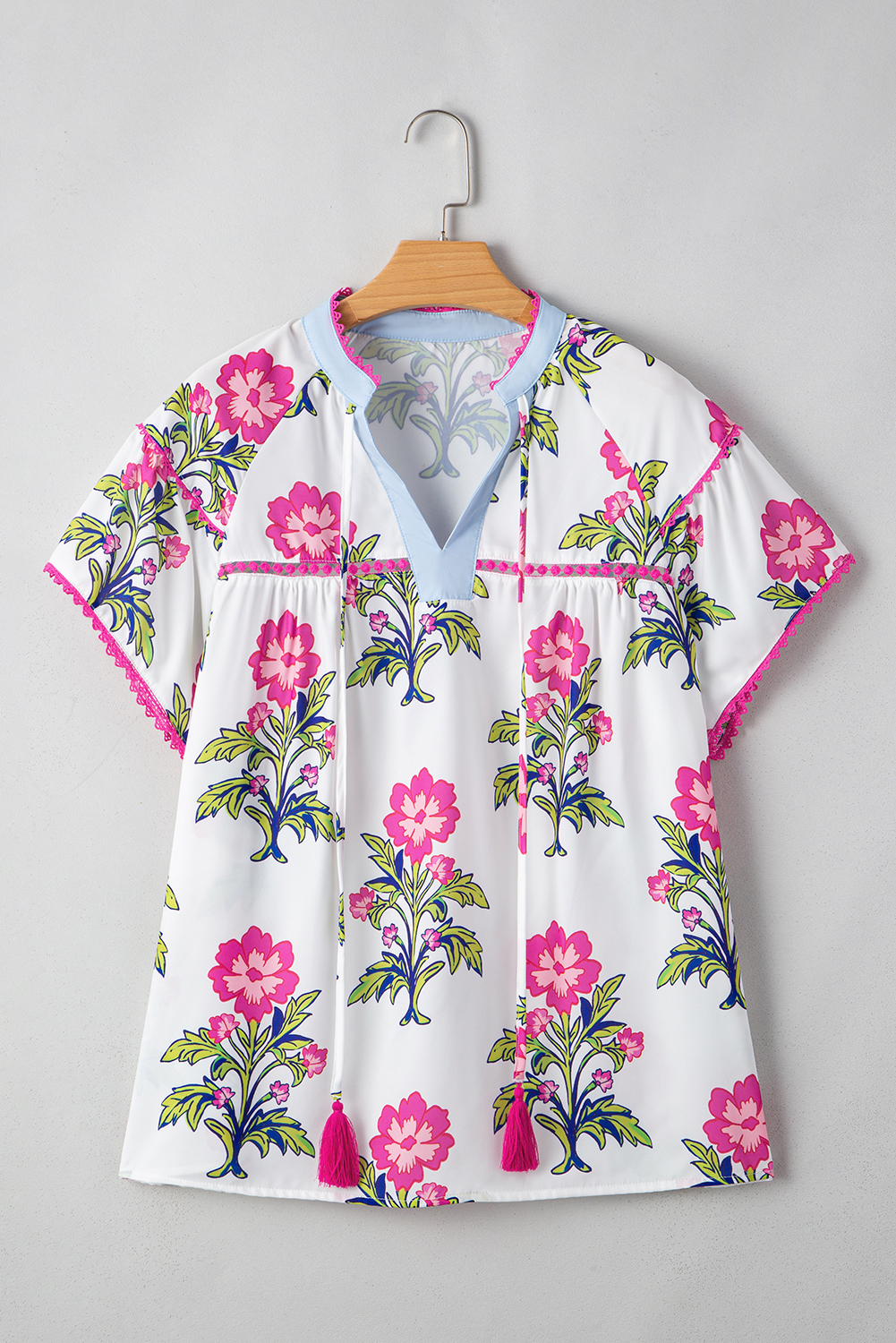 Rose Vintage Floral Print Contrast Notched V Neck Plus Size Summer Blouse - loveforevers