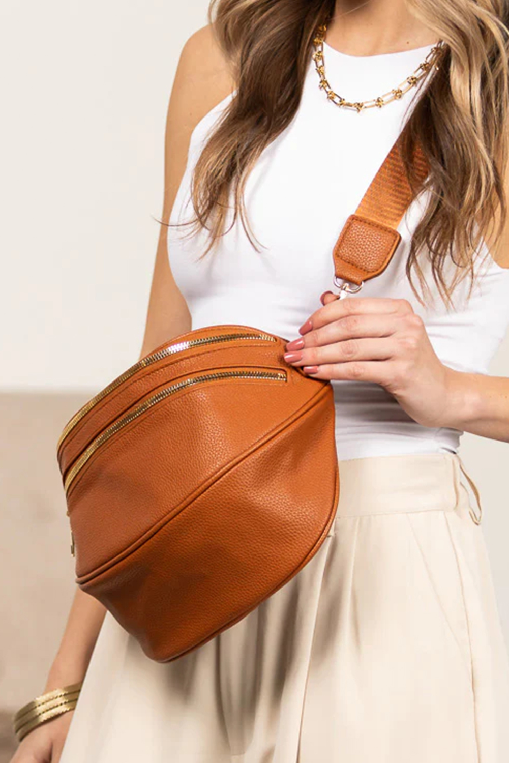 Cinnamon Double Zip Faux Leather Crossbody Bag - loveforevers