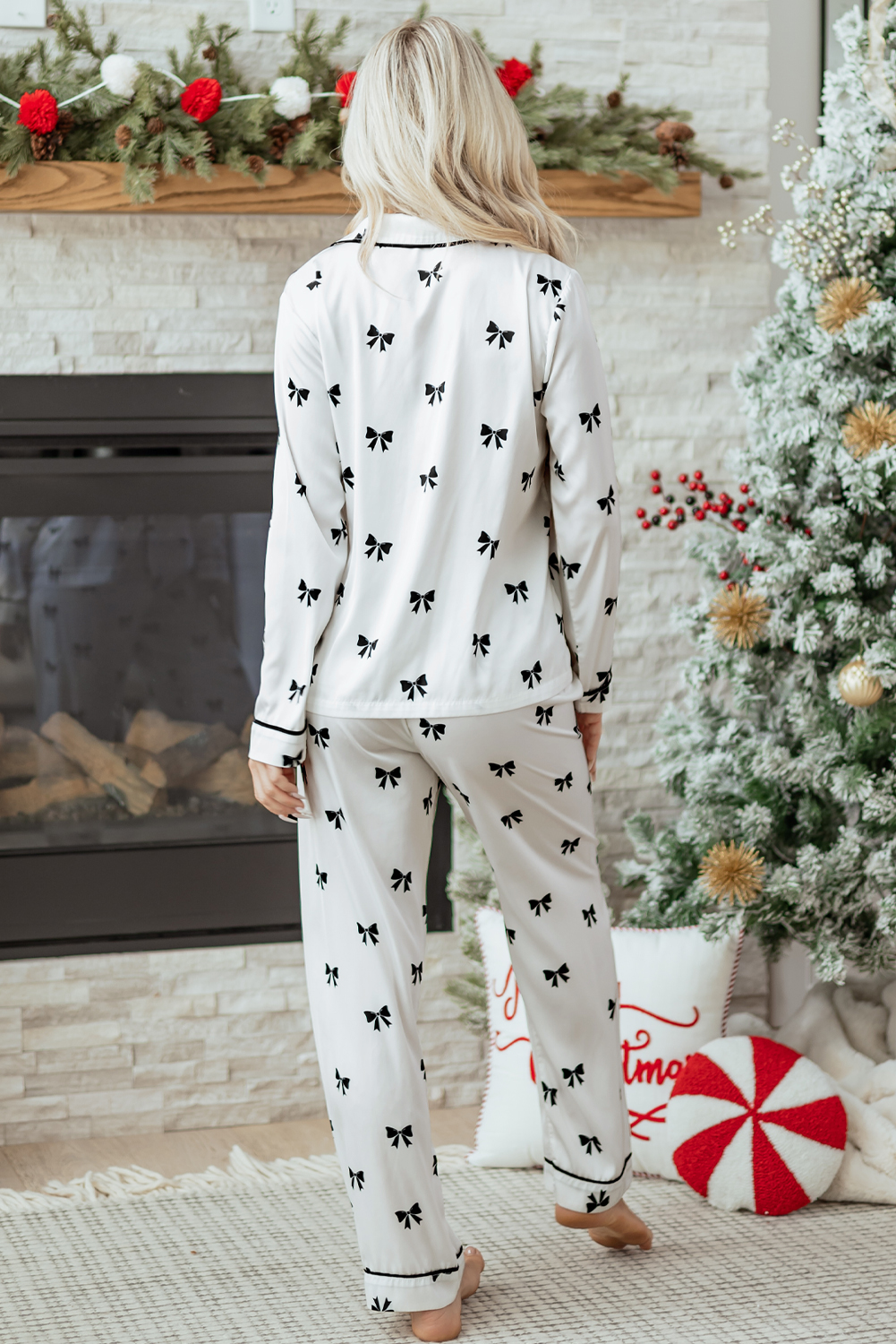 White Bows Print Two Piece Sleepwear - loveforevers