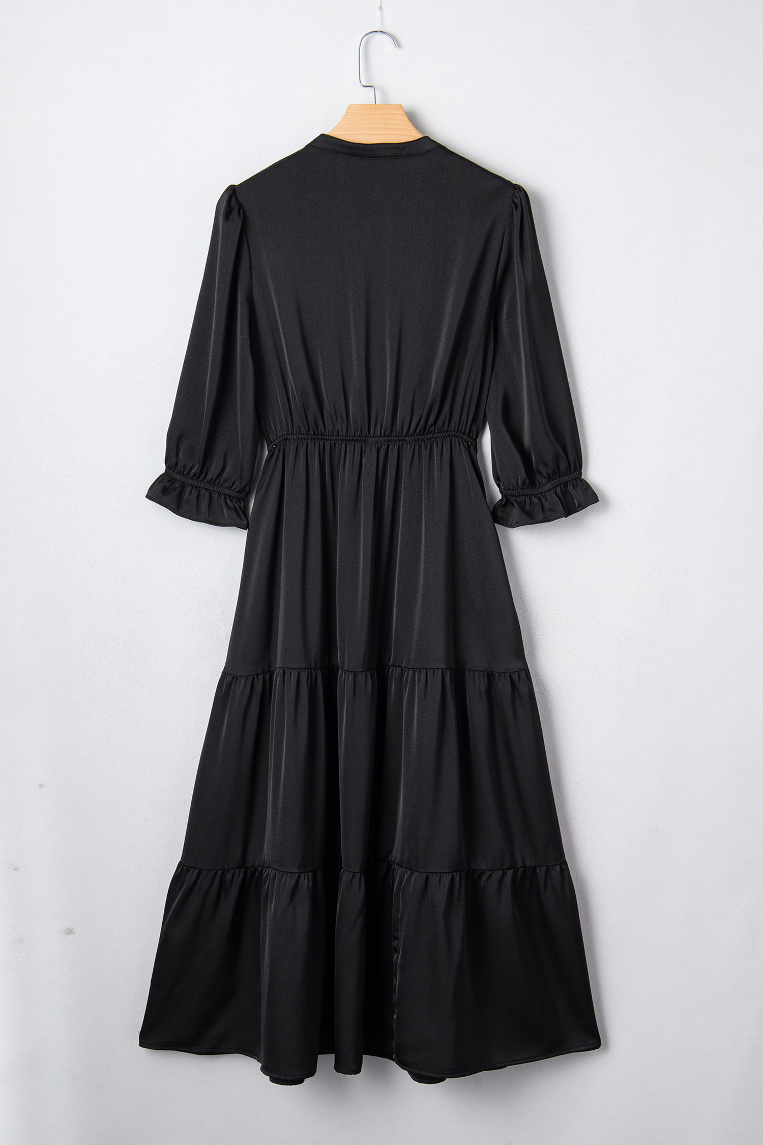 Black Flounced Bracelet Sleeve V Neck Tiered Maxi Dress - loveforevers