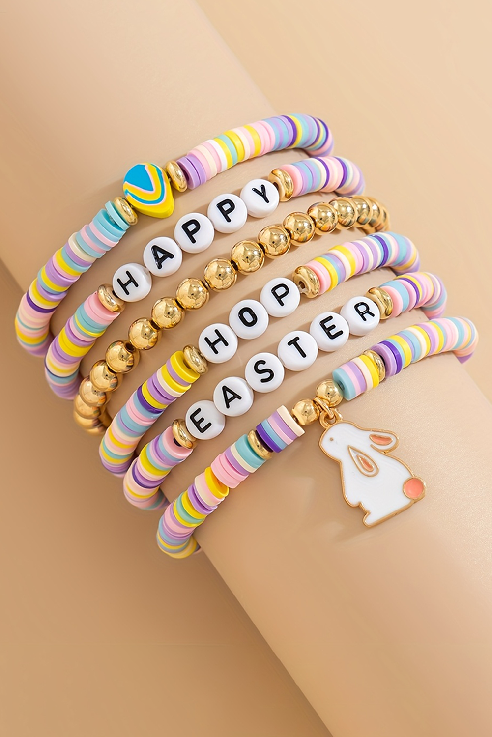 Gold Happy Easter Letter Beaded Elastic Multi Layer Bracelet - loveforevers