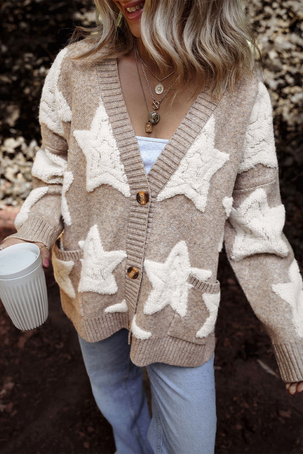 Khaki Sherpa Star Pattern Textured Sweater Cardigan with Pockets - loveforevers