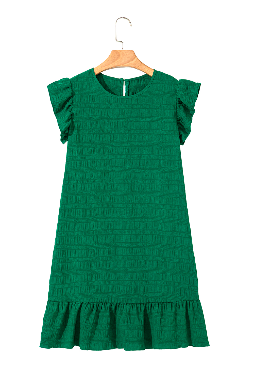 Dark Green Textured Ruffled Sleeve Round Neck Top - loveforevers