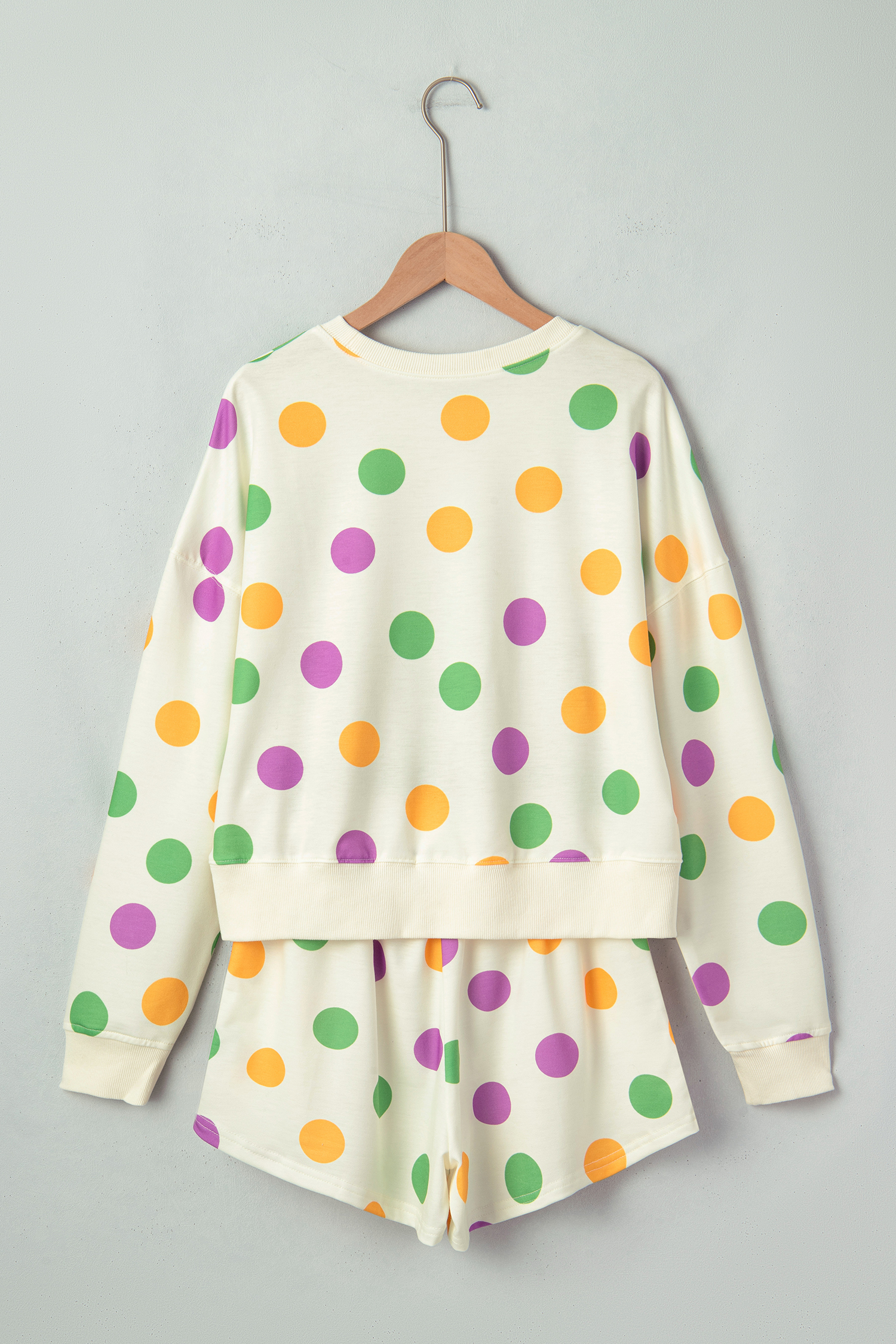 Beige Polka Dot Print Drop Shoulder Pullover Drawstring Jogger Pant Set - loveforevers