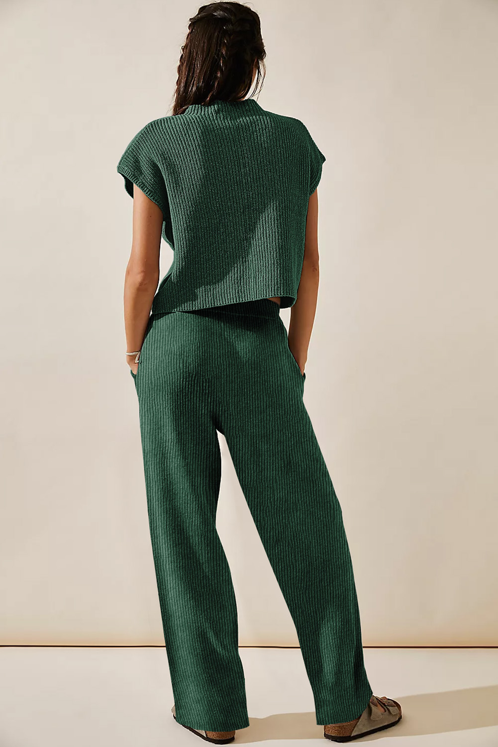 Green Knitted V Neck Sweater and Casual Pants Set - loveforevers
