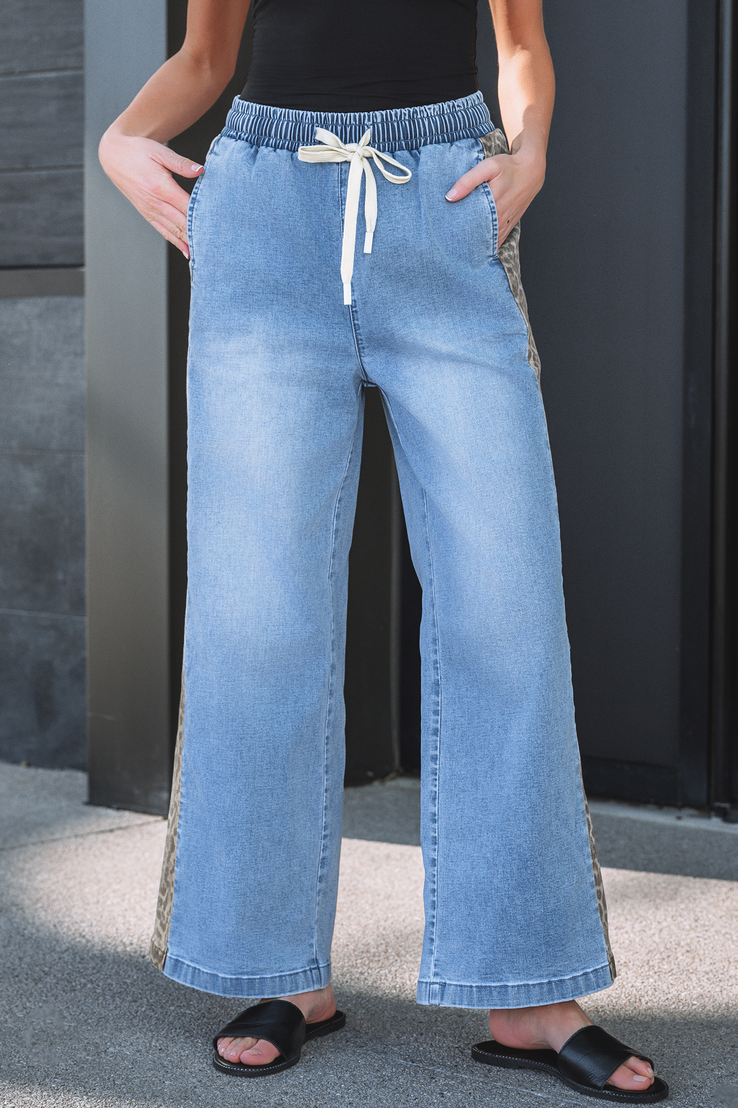 Beau Blue Drawstring Elastic Waist Leopard Striped Side Panel Wide Leg Jeans - loveforevers
