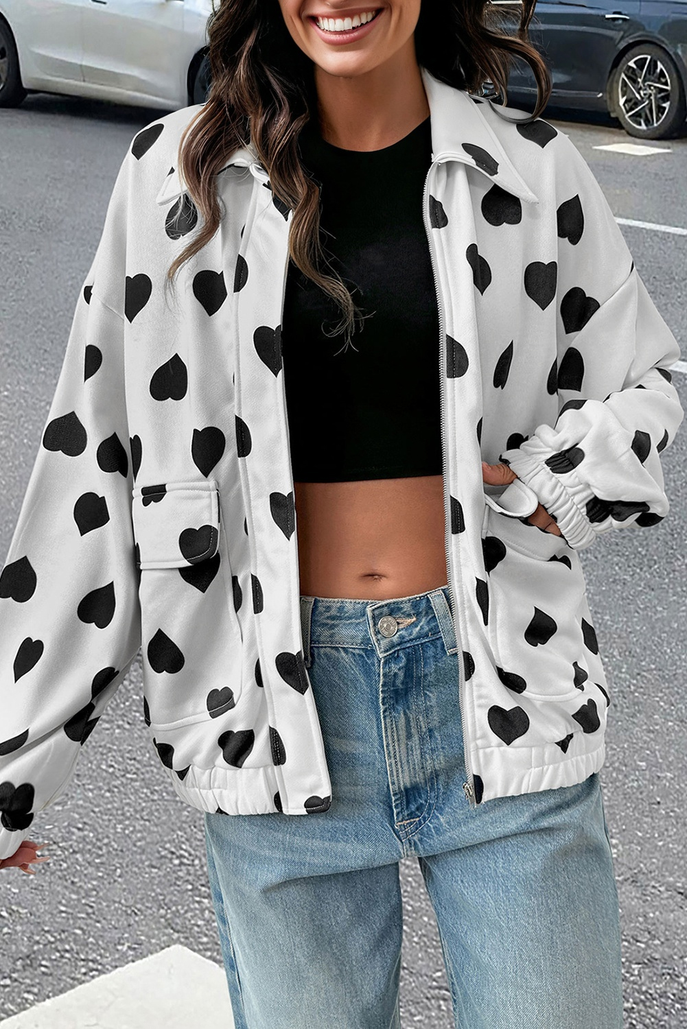 White Double Flap Pocket Heart Print Collar Zip Jacket - loveforevers