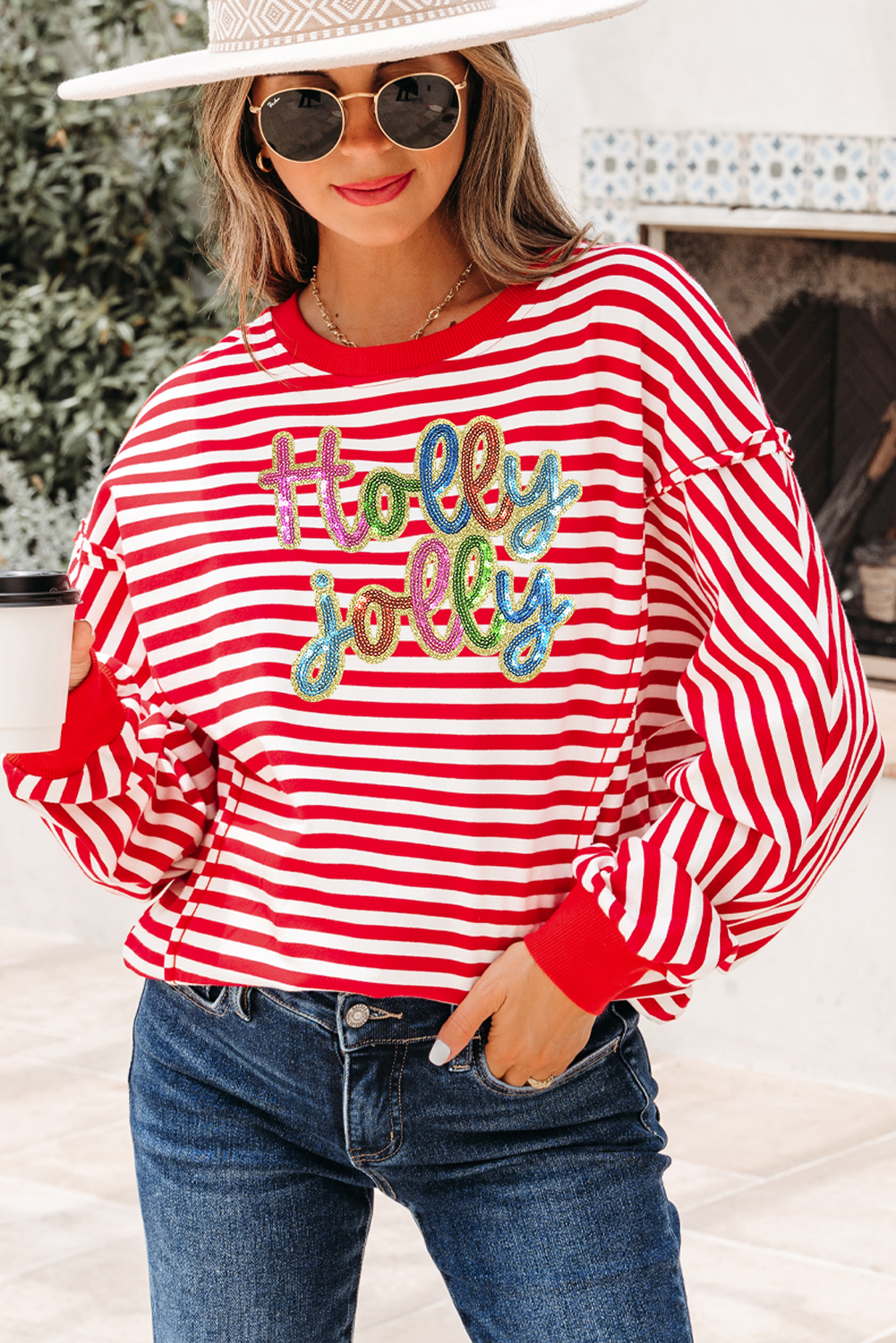 Red Stripe Holly Jolly Sequin Graphic Drop Shoulder Long Sleeve Top - loveforevers