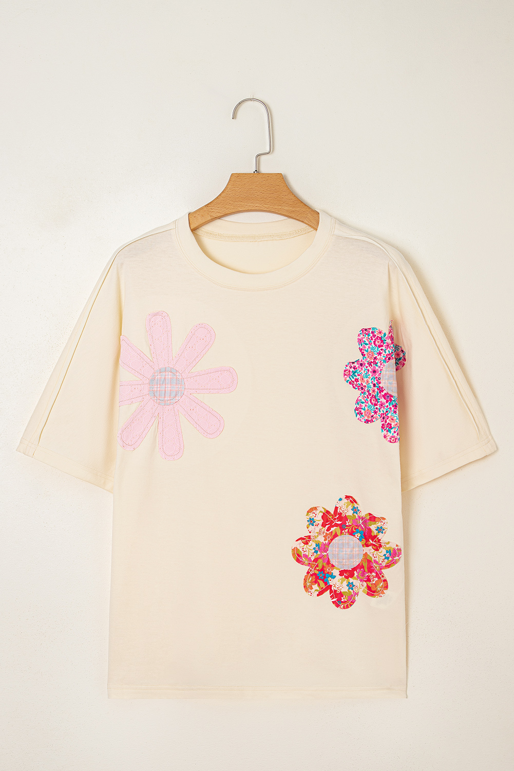 Apricot Flower Patched Exposed Stitching Trim Crew Neck Loose Tee - loveforevers