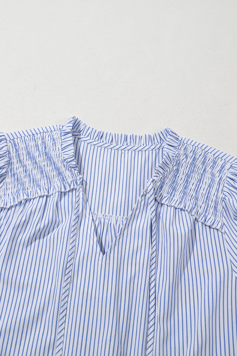 Gray Stripe Shirred Detail V Neck Puff Half Sleeve V Neck Blouse - loveforevers