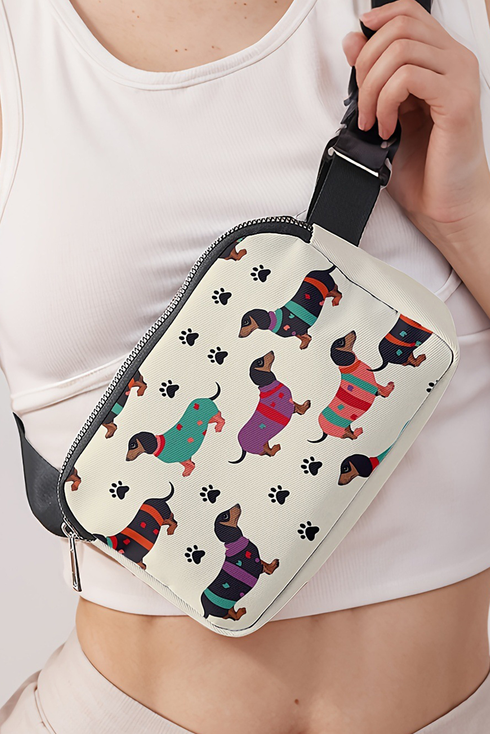 White Dachshund Walking Footprint Crossbody Bag - loveforevers