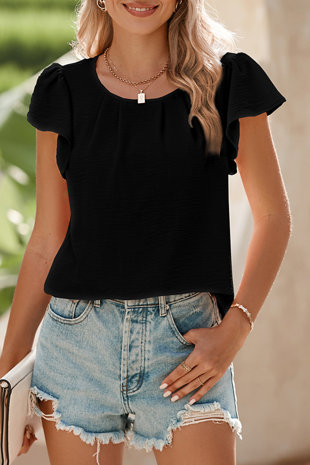 Black Flounce Sleeve Pleated Textured Blouse - loveforevers
