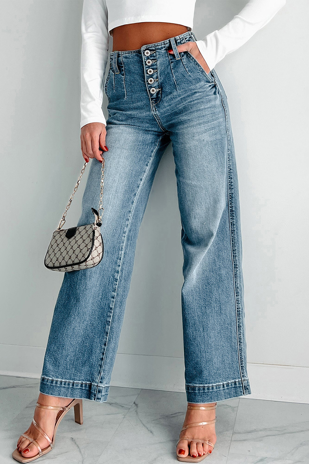 Dusk Blue Multi Buttons Medium Wash Straight Loose Leg Jeans - loveforevers
