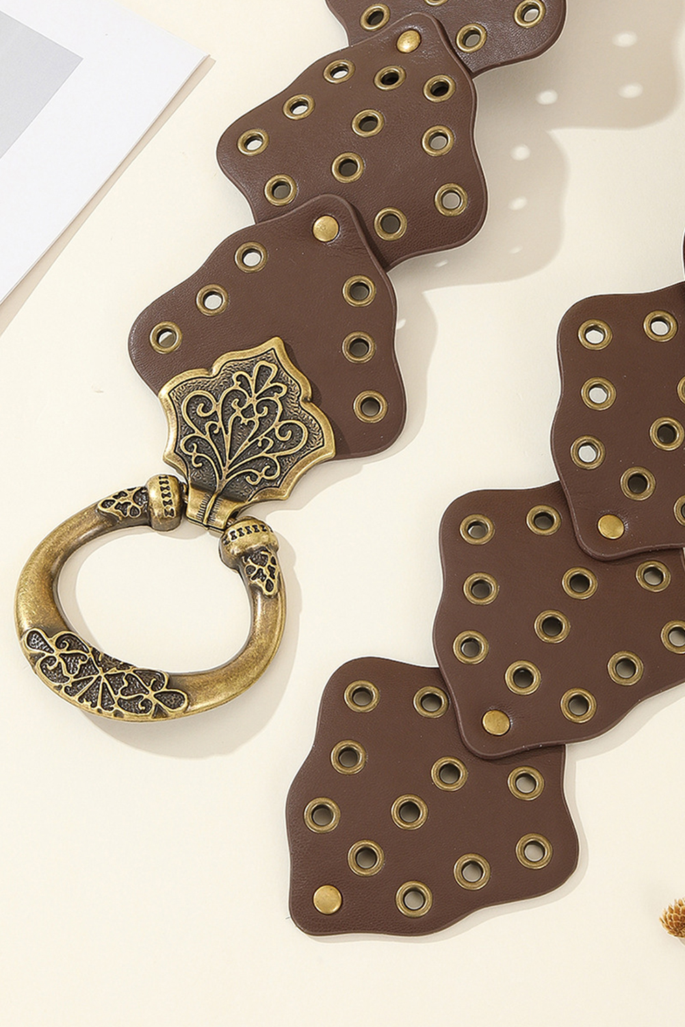 Chestnut Y2K Antique Bronze Circle Grommet Detail Western Leather Belt - loveforevers