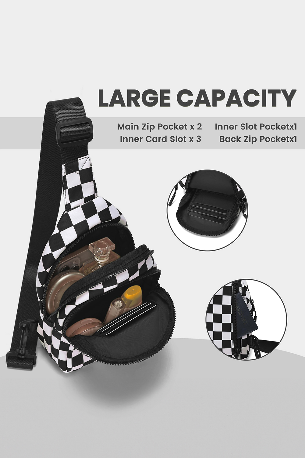 Black Checkered Print Zip Front Sling Backpack Crossbody Bag - loveforevers
