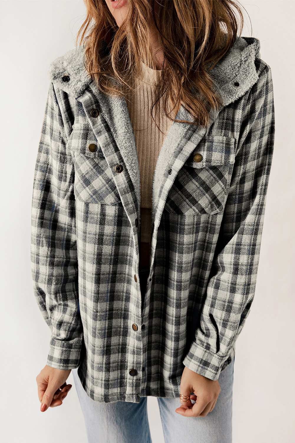 Black Plaid Pattern Sherpa Lined Hooded Shacket - loveforevers