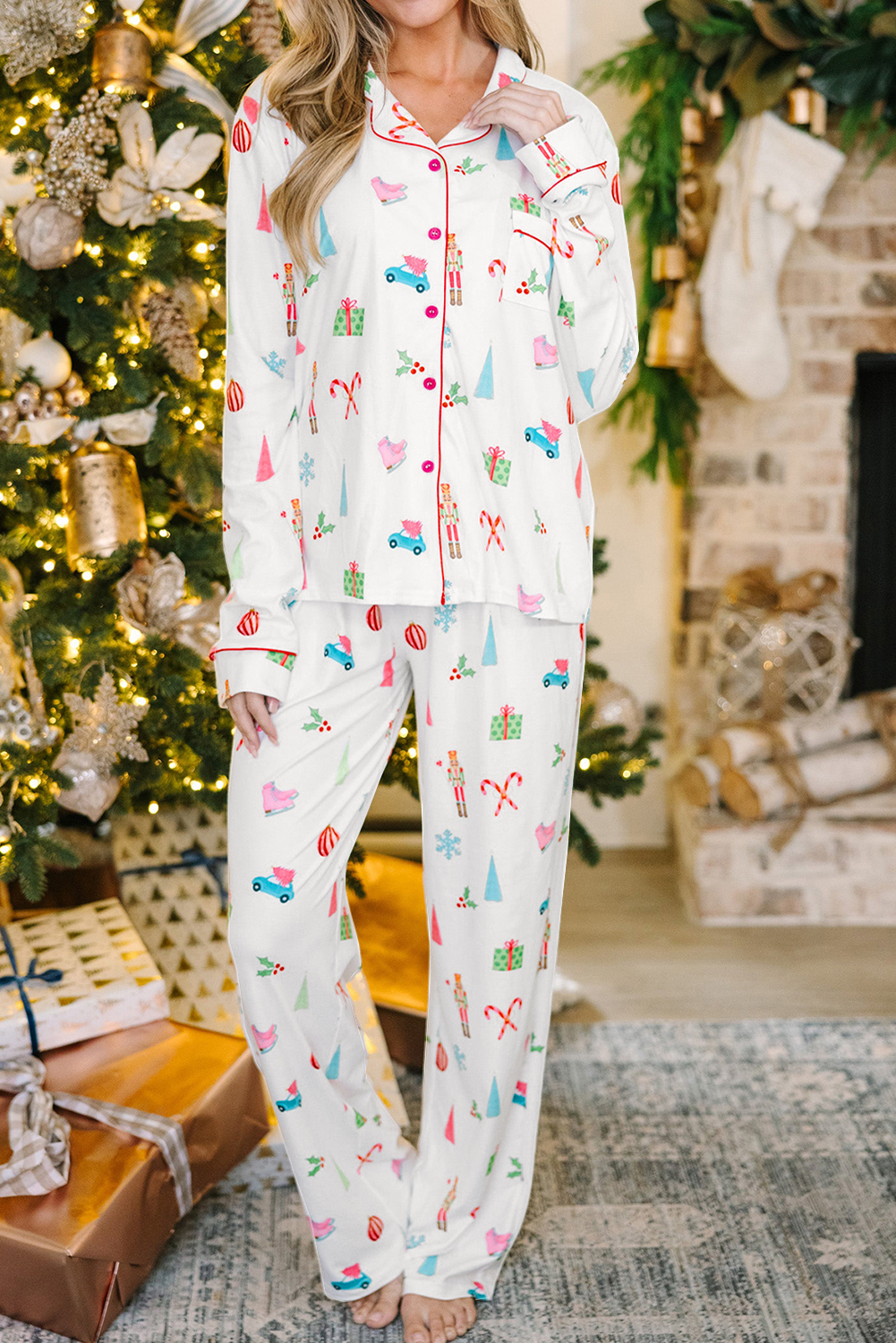 White Christmas Print Lapel Shirt and Pants Sleepwear - loveforevers