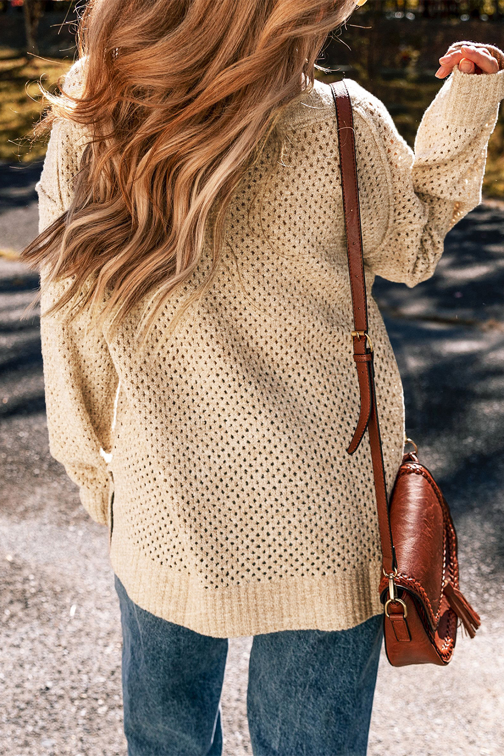 Parchment Loose Eyelet V Neck Drop Shoulder Sweater - loveforevers