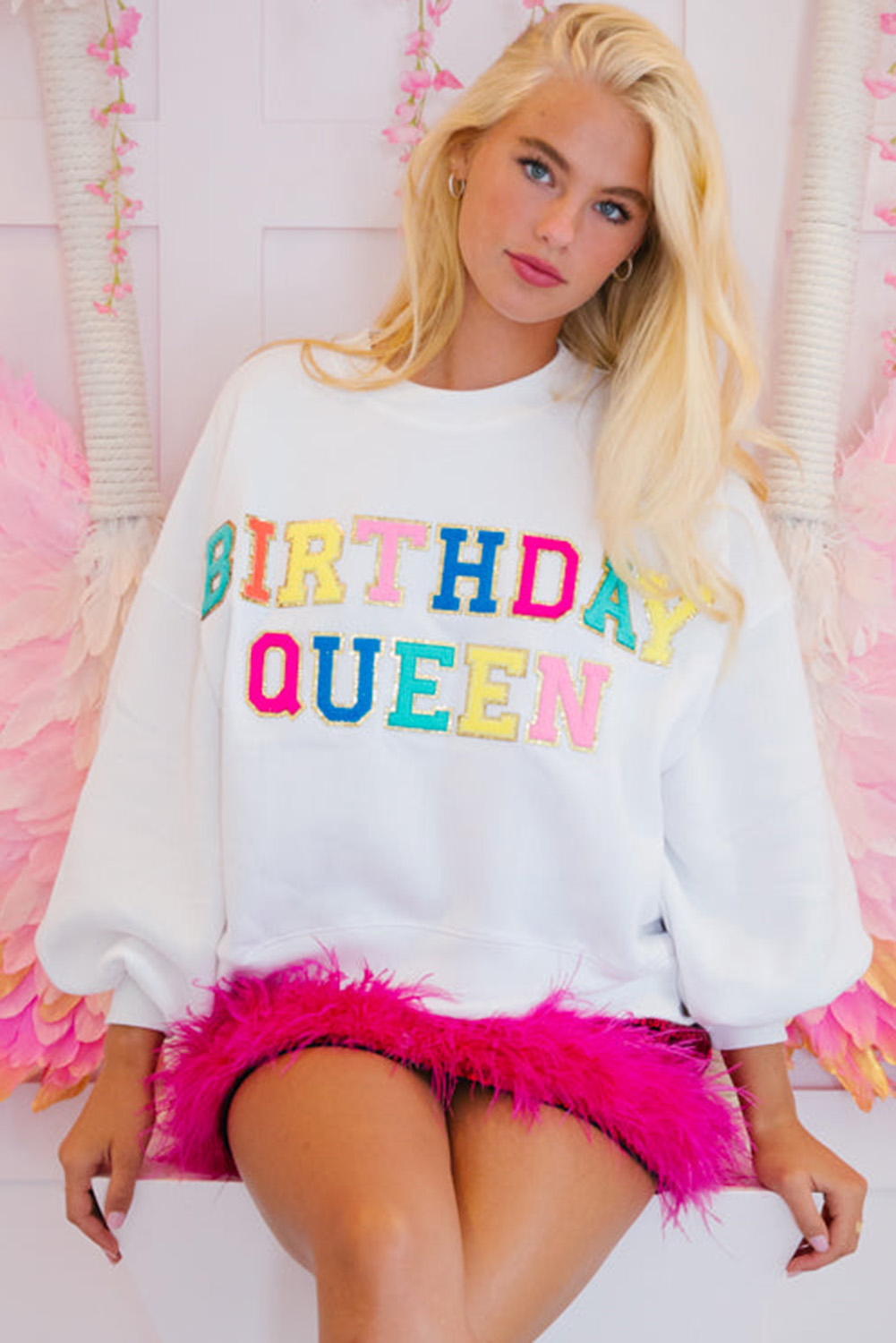 White BIRTHDAY QUEEN Graphic Balloon Sleeve Sweatshirt - loveforevers