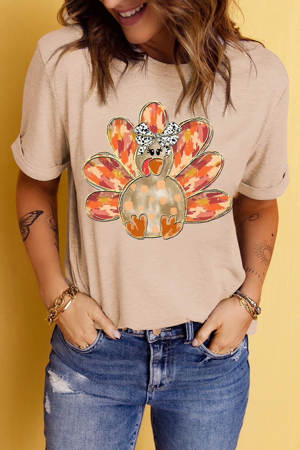 Khaki Thanksgiving Bowknot Turkey Graphic Crewneck Tee - loveforevers